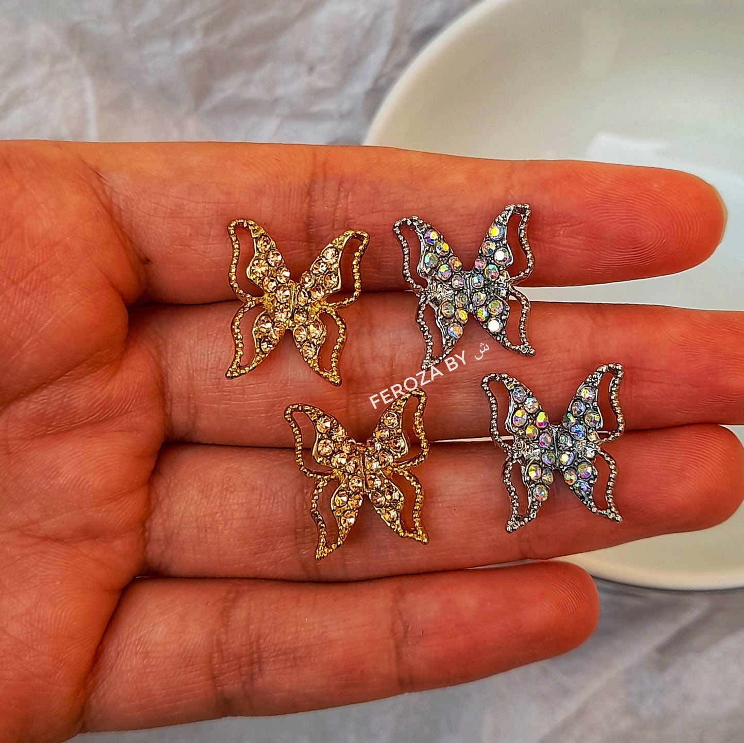 Gold Brown and Varicolored Butterfly Earrings