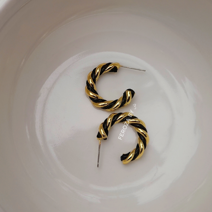 Black Leather Gold Twisted Hoops